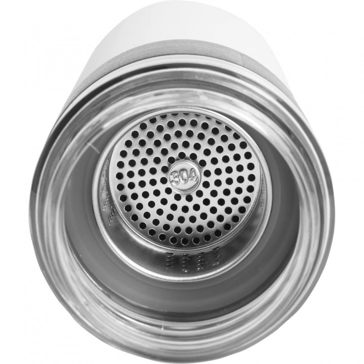 Beyaz 450 ml demlikli süzgeçli cam detaylı lazer logo baskılı promosyon termos